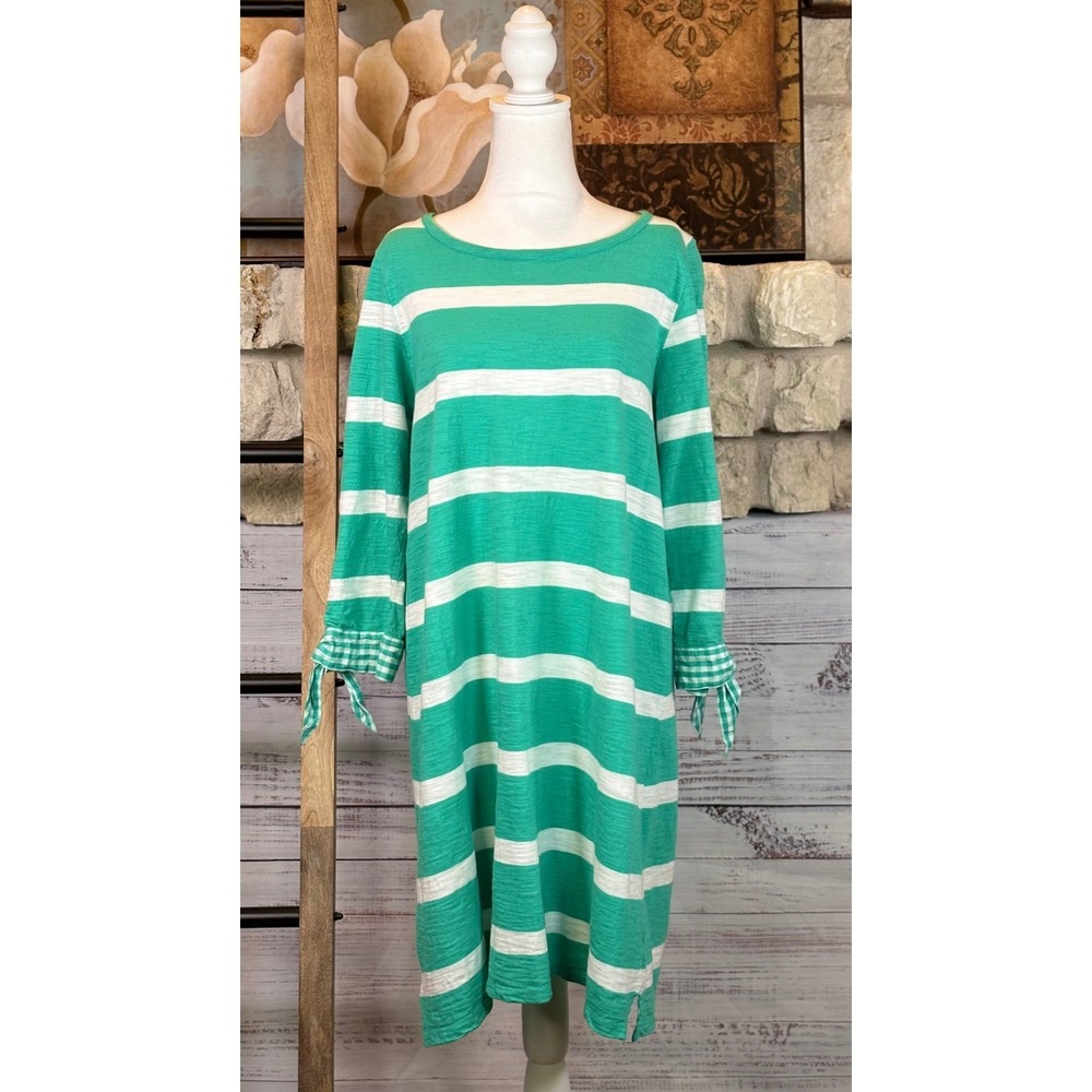 Crown & Ivy Teal White Striped Gingham Tie Sleeve Cotton T-Shirt Dress Size L